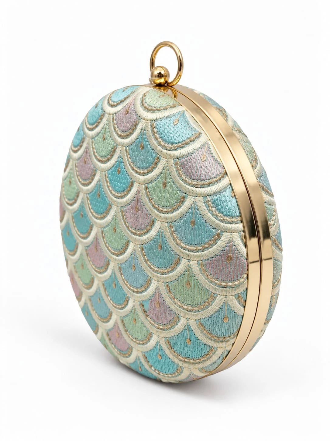Veda round embroidered clutch by THE TAN CLAN featuring intricate embroidery and a compact, stylish design.
