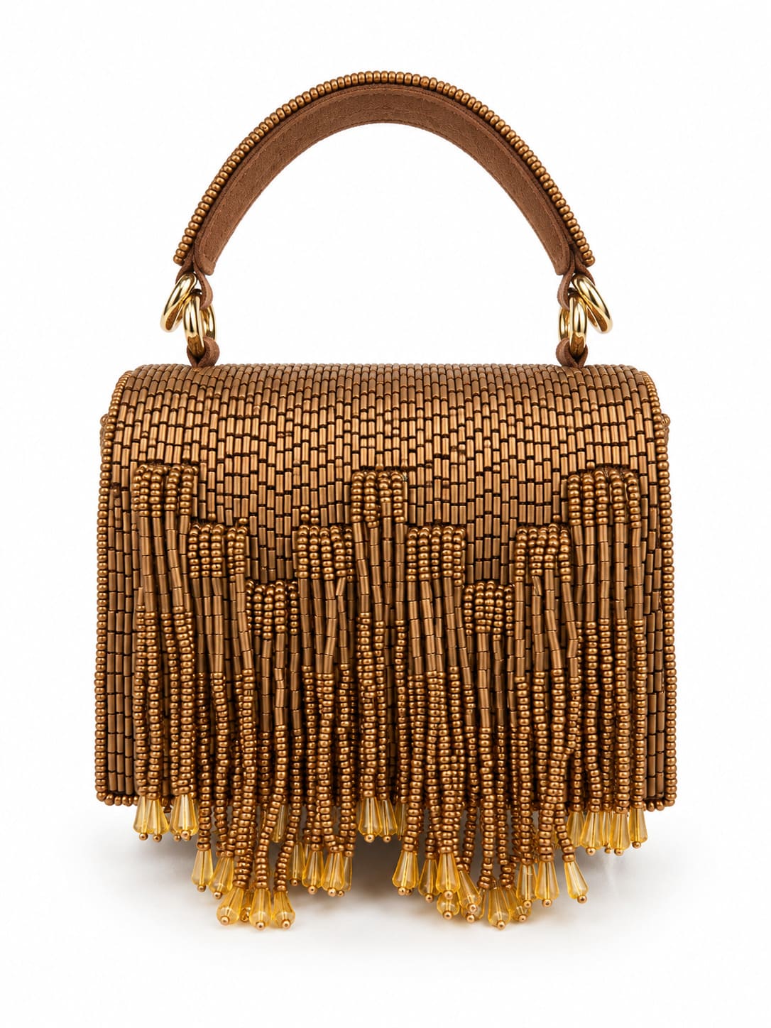 Maria Bronze handcrafted beaded tasselled bag from THE TAN CLAN, featuring intricate beadwork and a decorative tassel.