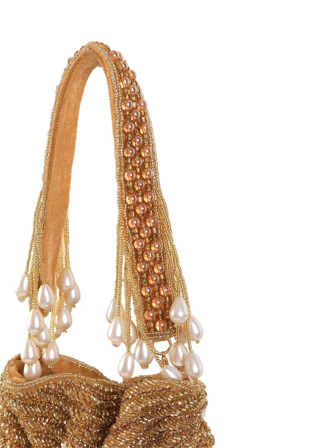 The Tan Clan Dua gold pearl potli bag with pearl embellishments and drawstring closure