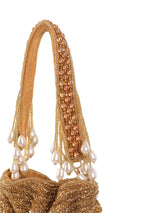 The Tan Clan Dua gold pearl potli bag with pearl embellishments and drawstring closure