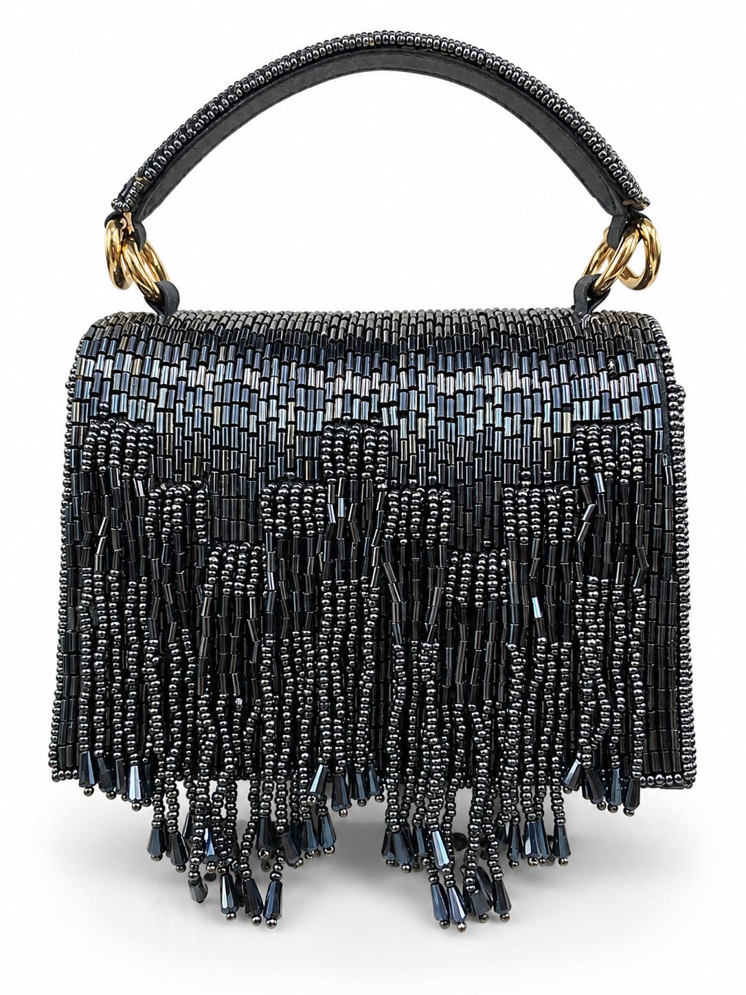 Maria Blue handcrafted beaded tasselled bag with intricate details and vibrant tassels, designed by THE TAN CLAN.
