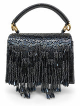Maria Blue handcrafted beaded tasselled bag with intricate details and vibrant tassels, designed by THE TAN CLAN.