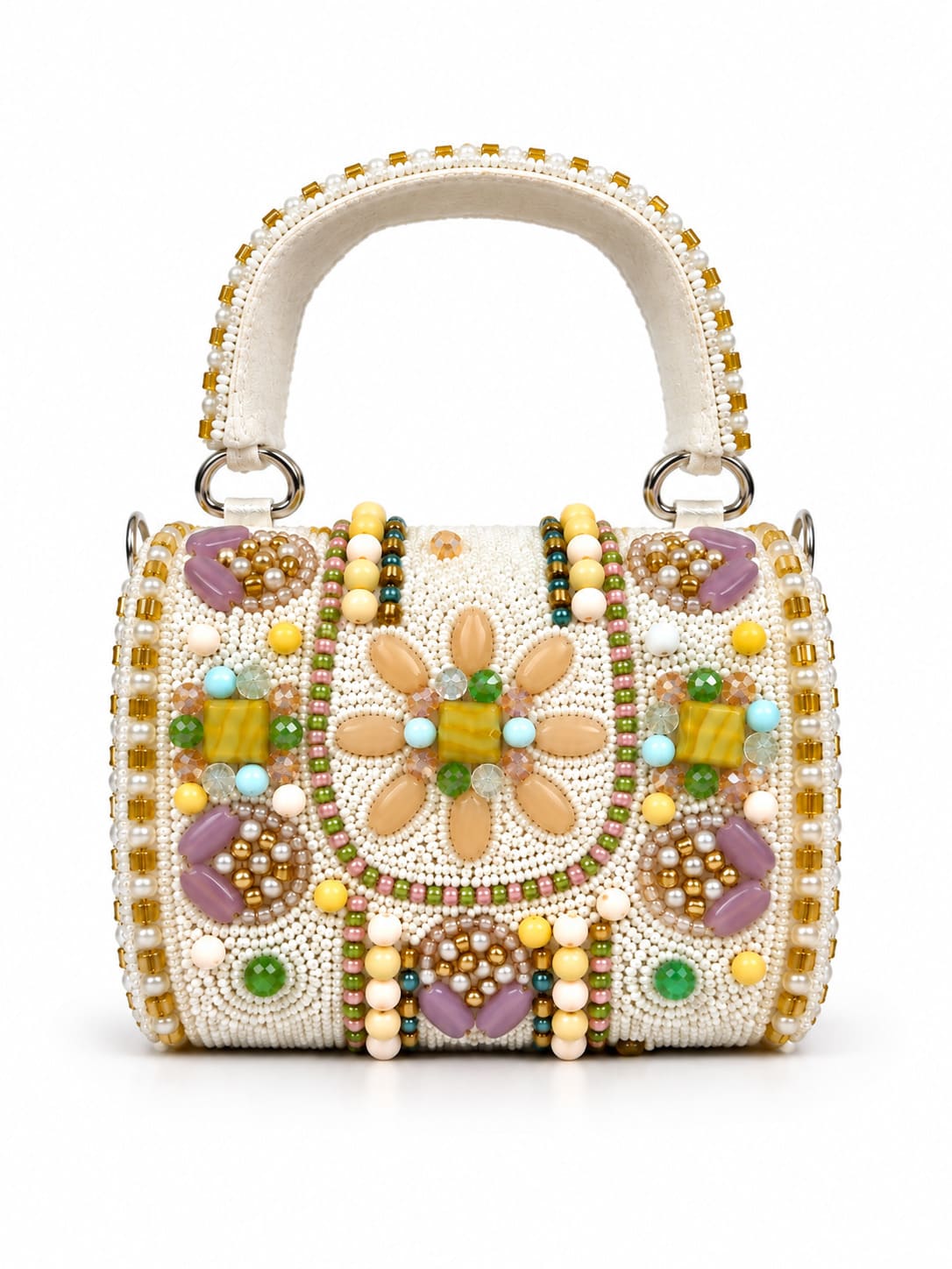 White hand-embroidered mini flap bag by THE TAN CLAN featuring intricate embroidery and a compact, stylish design.