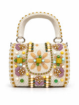 White hand-embroidered mini flap bag by THE TAN CLAN featuring intricate embroidery and a compact, stylish design.