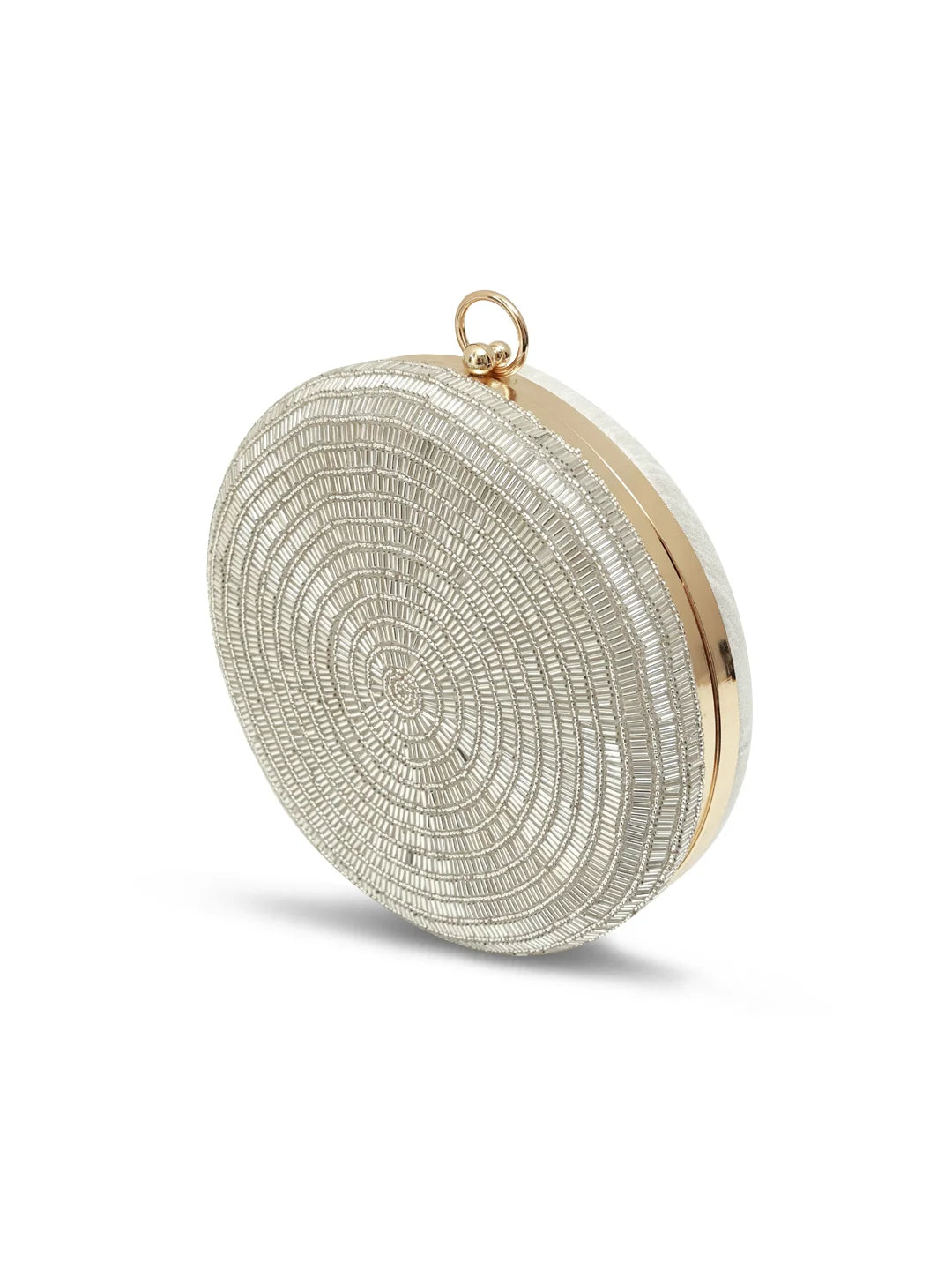 Round beaded clutch bag with gold trim on a white background