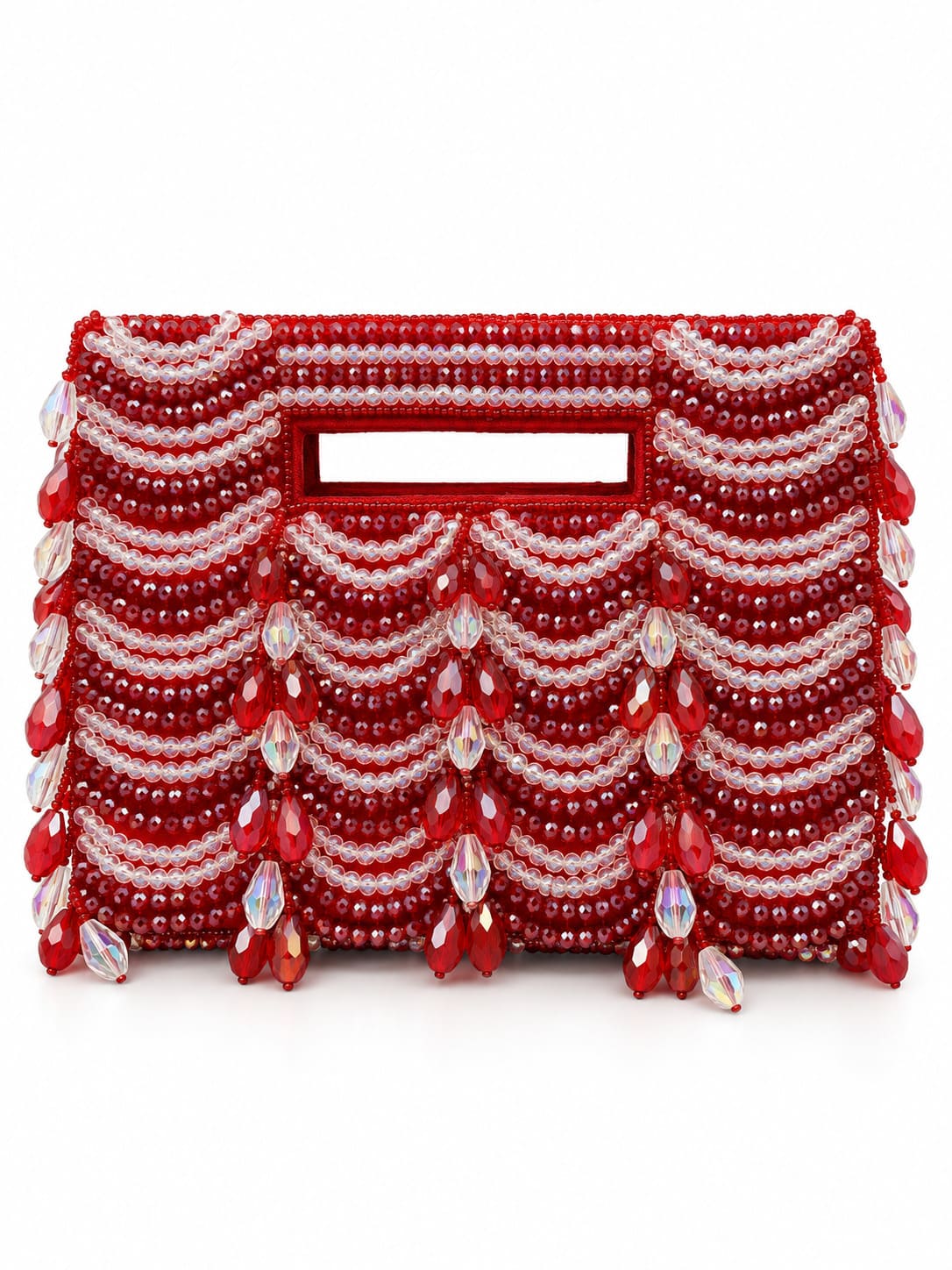 Lara red handcrafted beaded bag by THE TAN CLAN with intricate beadwork and a compact design for stylish carrying.