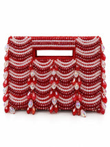 Lara red handcrafted beaded bag by THE TAN CLAN with intricate beadwork and a compact design for stylish carrying.