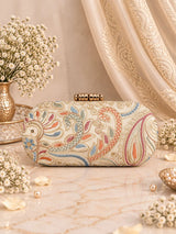 Kalki Long Embroidered Clutch by THE TAN CLAN featuring intricate embroidery and elegant design on a sleek, elongated purse.