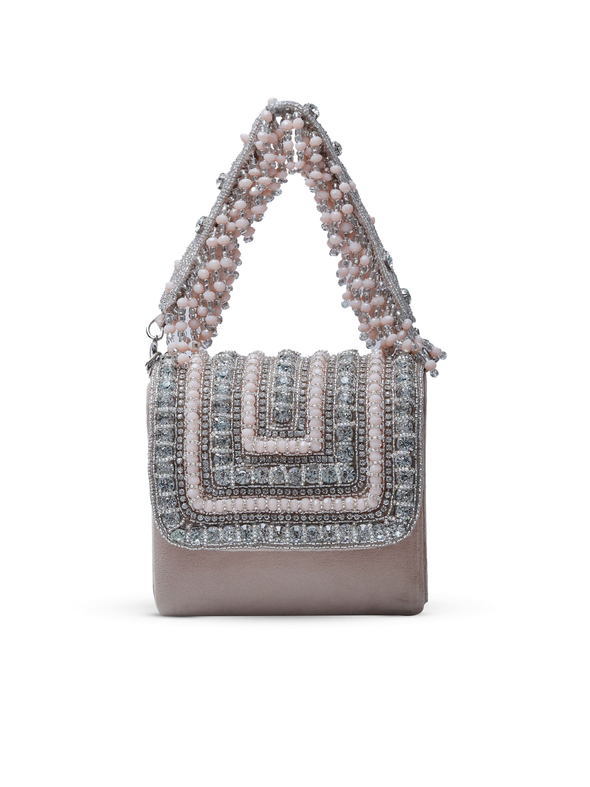 Nysa beige mini bag by The Tan Clan with embroidered handle, featuring a compact design and stylish details.