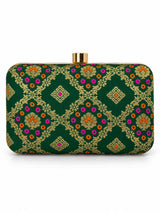 Dark green Mahi box clutch bag by THE TAN CLAN with sleek design and compact shape, perfect for elegant occasions.