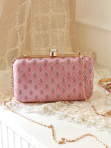 Elegant pink box clutch by The Tan Clan with a sleek design and gold clasp, perfect for evening occasions.