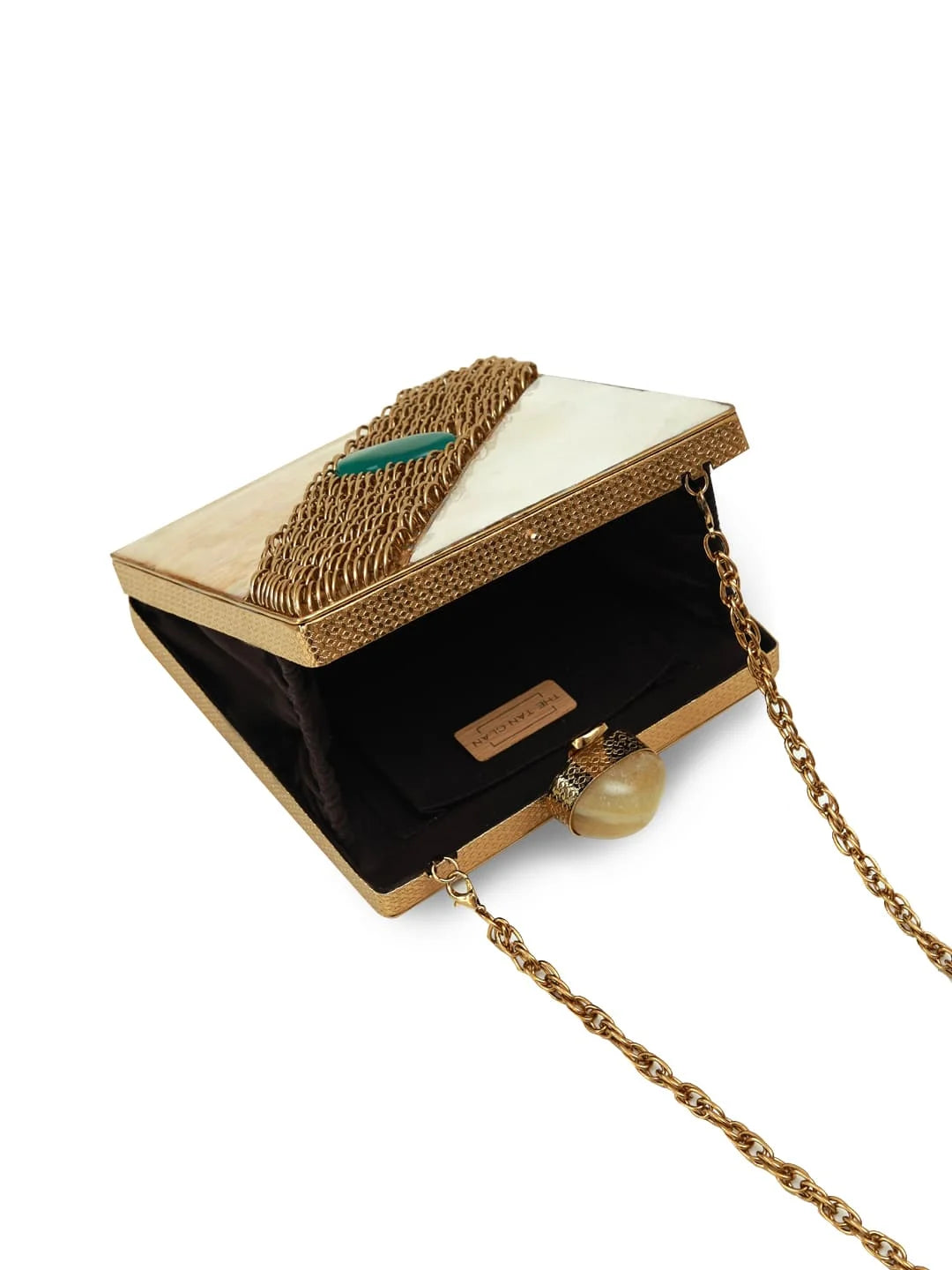 Gold handbag with a chain strap on a white background