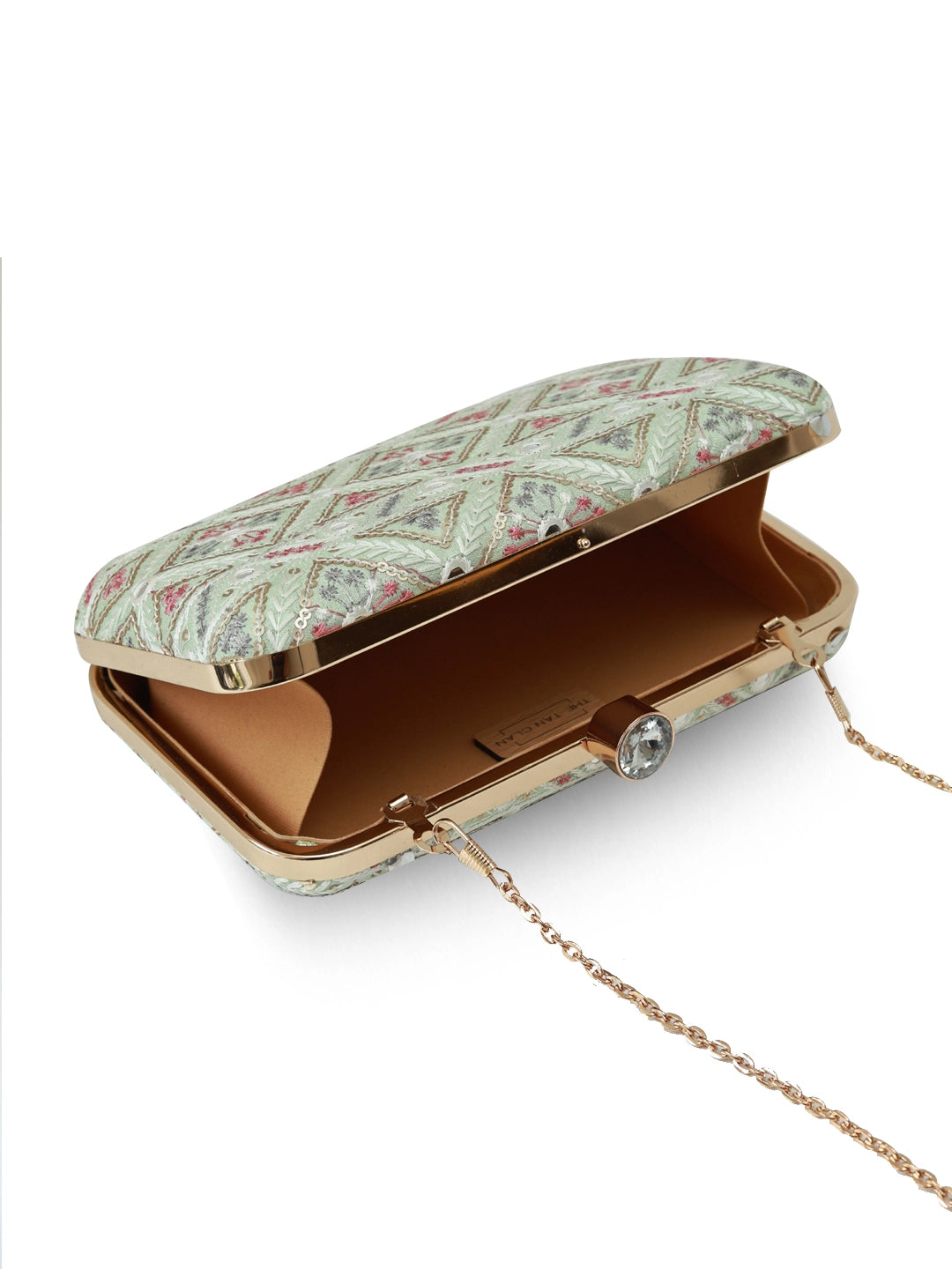 Ariba Green Box Clutch by The Tan Clan, stylish rectangular evening bag with a sleek design and green finish.