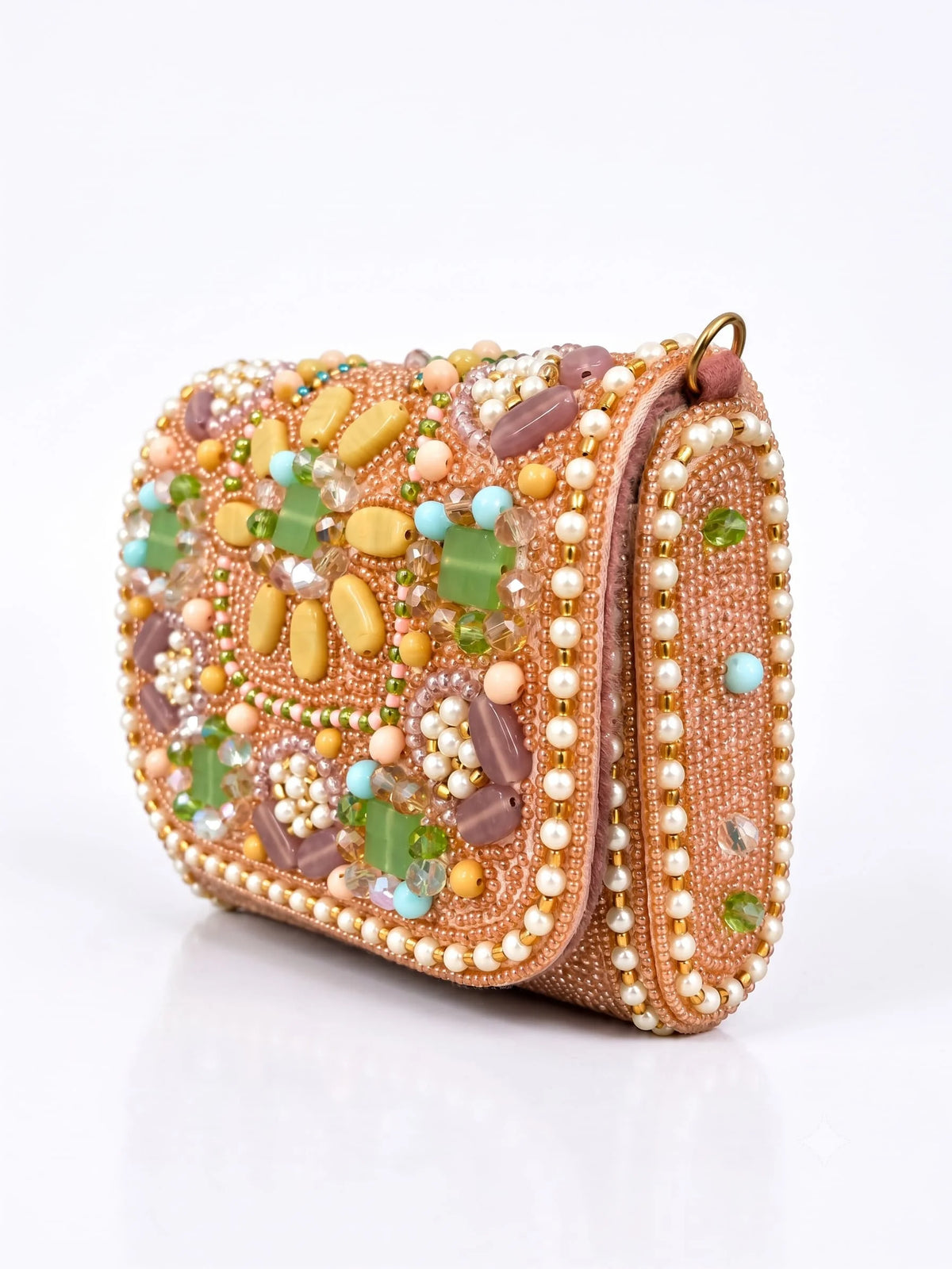 Basra Peach Hand Embroidered Mini Flap by THE TAN CLAN, featuring intricate embroidery on peach-colored fabric with a mini flap design.