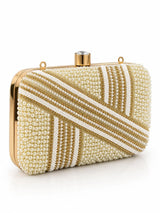 Zara Pearl Box Clutch by THE TAN CLAN featuring a sleek rectangular design with pearl accents and a stylish clasp closure.