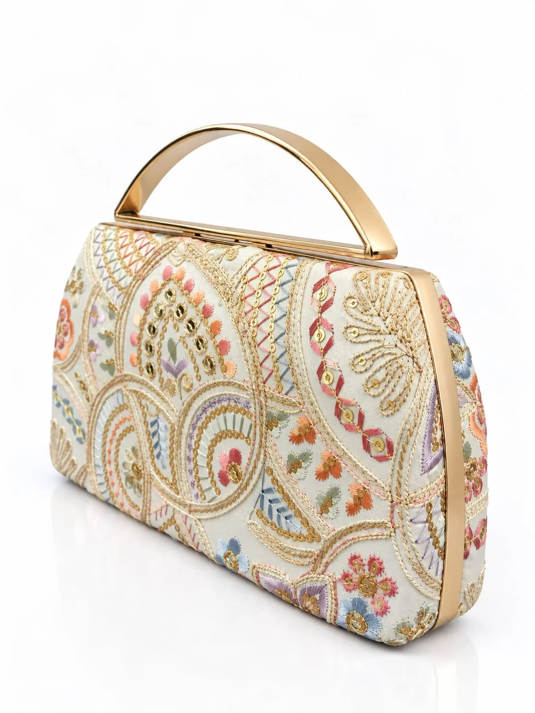 Resham Capsule embroidered clutch bag with intricate designs, featuring colorful threadwork and a sleek, compact style by THE TAN CLAN.