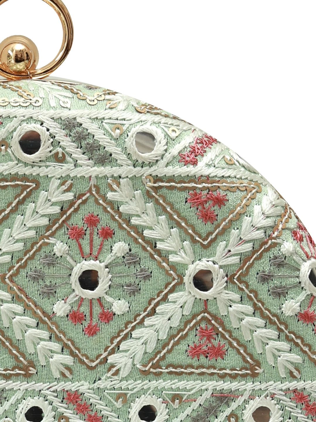 Green round clutch bag from The Tan Clan's Ariba collection, featuring a sleek design and vibrant color.