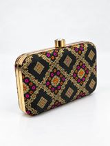 Mahi Black Box Clutch by THE TAN CLAN featuring sleek design and compact size, perfect for evening or formal occasions.