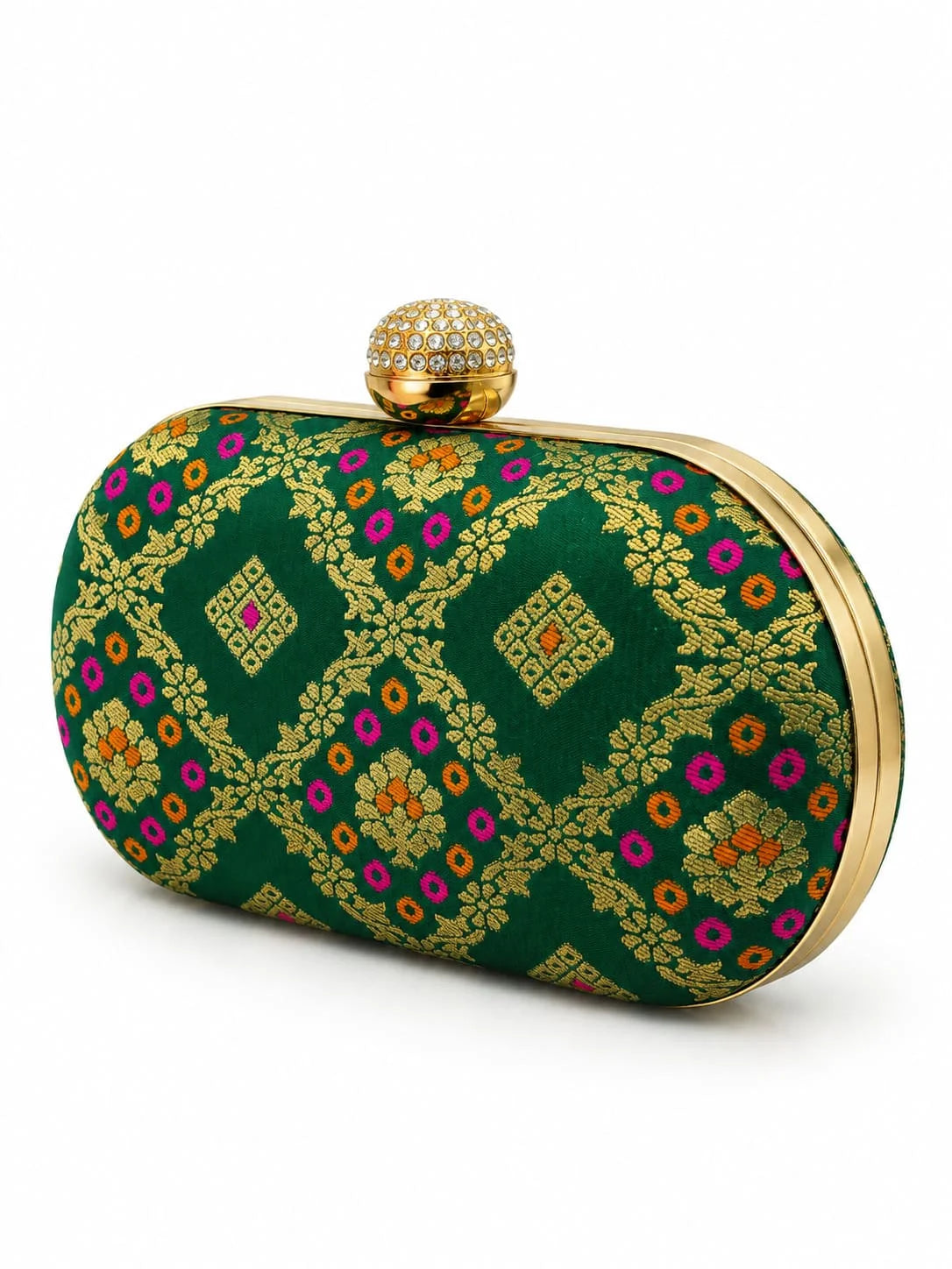 Dark green oval clutch bag by THE TAN CLAN with sleek design and compact size, perfect for elegant occasions.