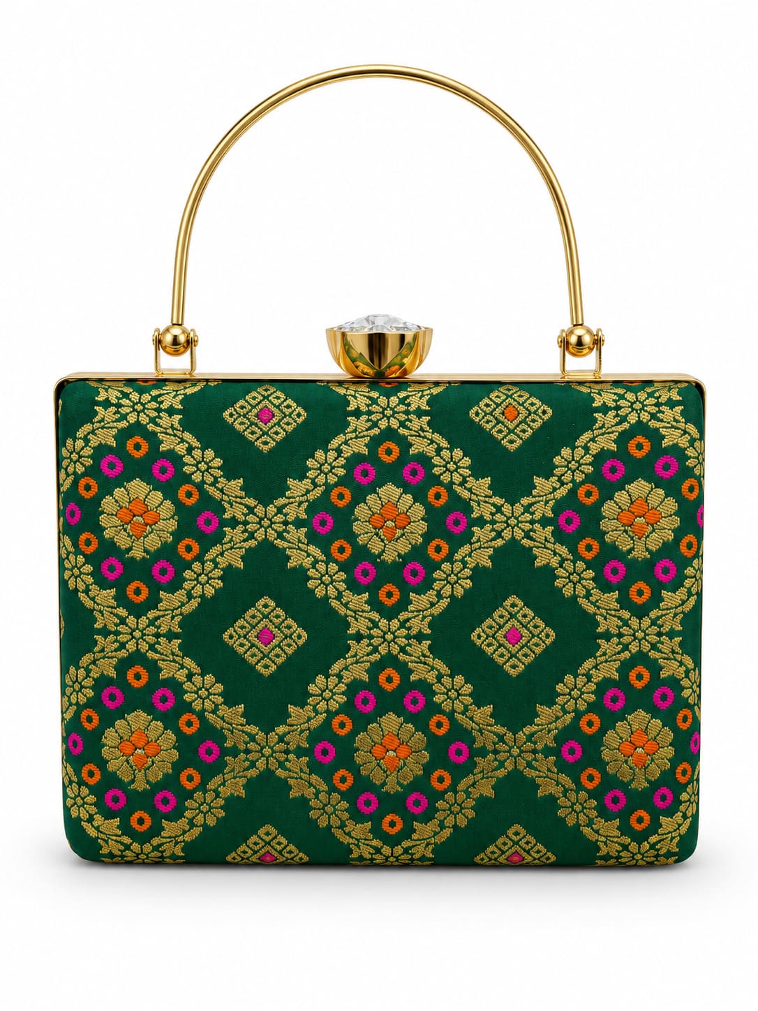 Dark green Mahi casket clutch by THE TAN CLAN with gold-tone clasp and sleek rectangular design.