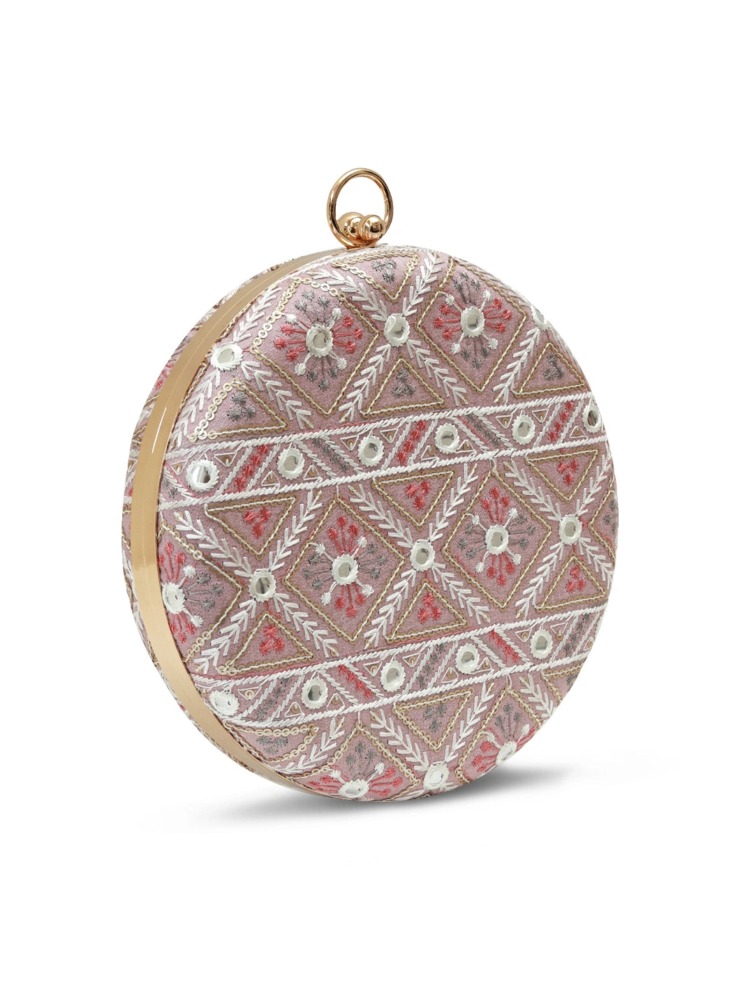 Pink round clutch bag by The Tan Clan with a sleek, smooth surface and compact design perfect for evening accessories.