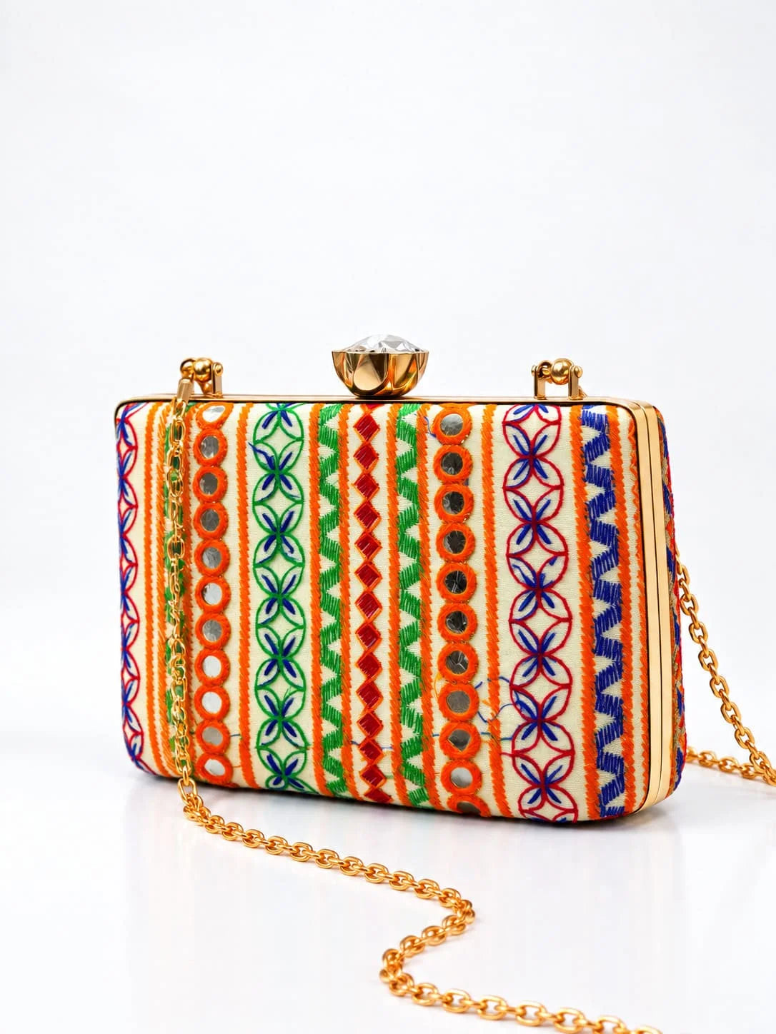 Multicolor Satrang casket clutch by THE TAN CLAN with intricate embroidery and compact design, perfect for traditional occasions.
