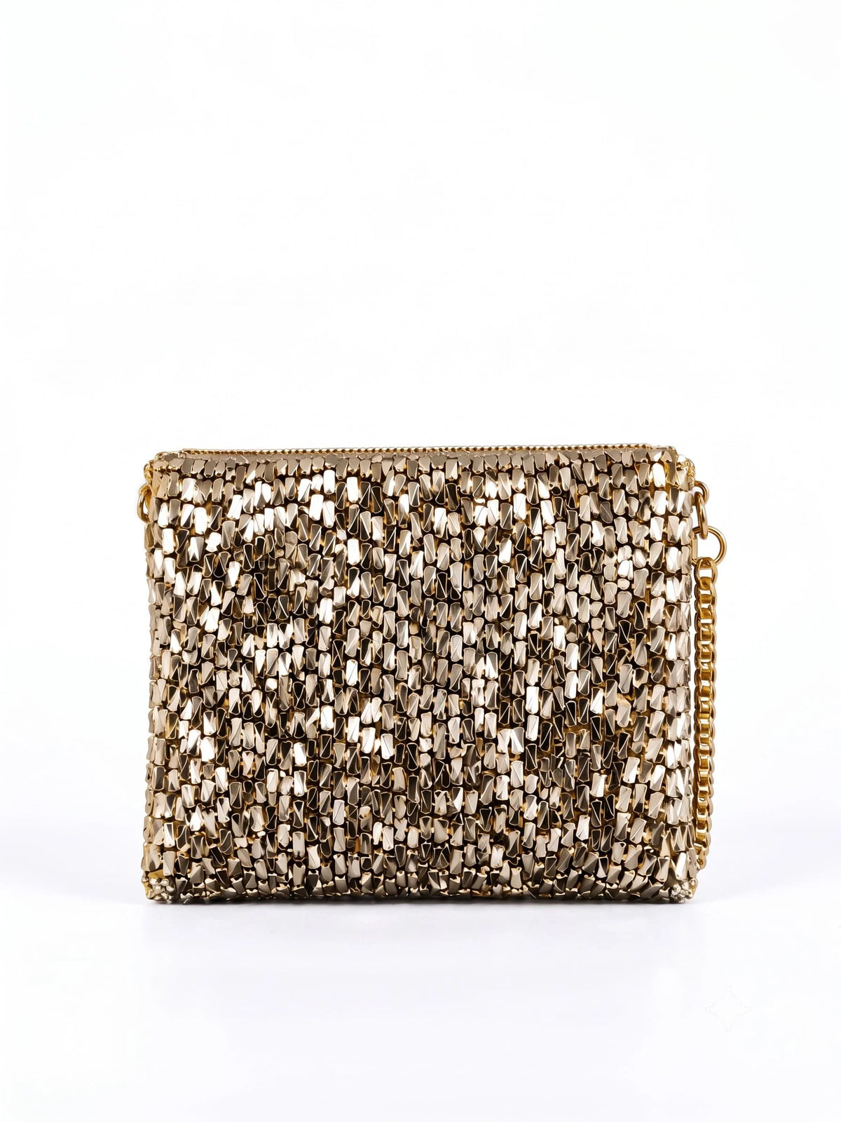 Anaya Gold Envelope Bag by THE TAN CLAN with a sleek gold metallic finish and minimalist envelope style, perfect for elegant occasions.