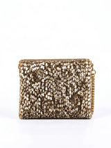 Anaya Gold Envelope Bag by THE TAN CLAN with a sleek gold metallic finish and minimalist envelope style, perfect for elegant occasions.