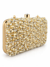 Kate Pearl Box Clutch by THE TAN CLAN featuring a stylish pearl-embellished rectangular design for elegant occasions.