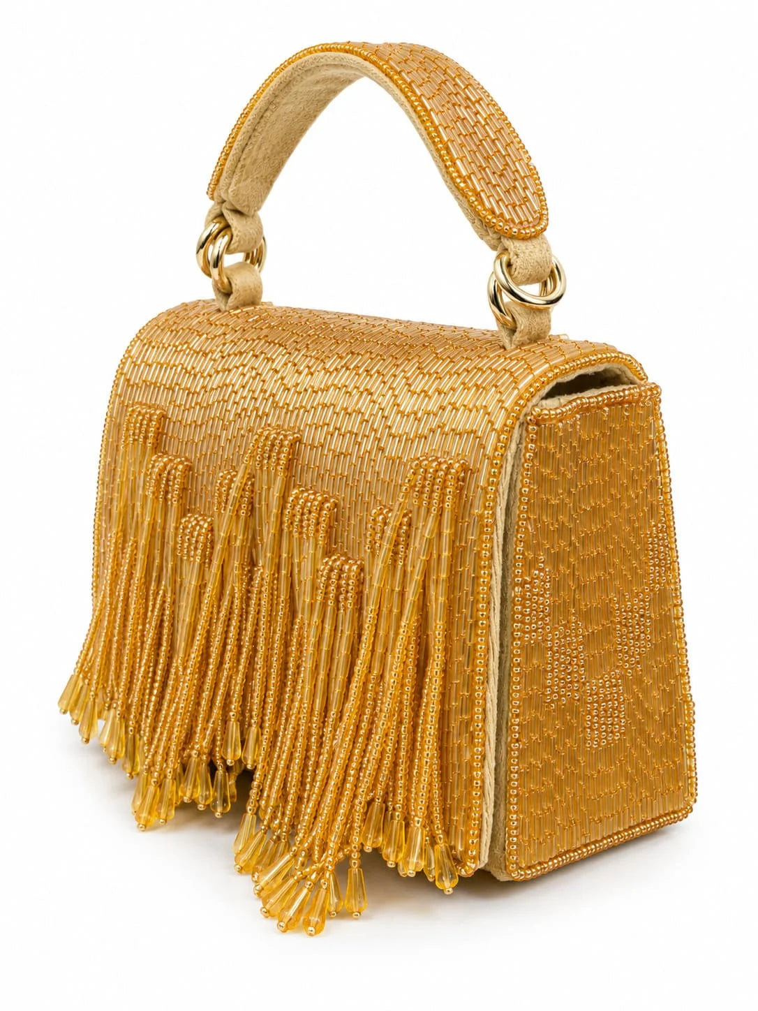 Maria Gold handcrafted beaded tasselled bag with intricate beadwork and tassel details, stylish accessory from THE TAN CLAN.