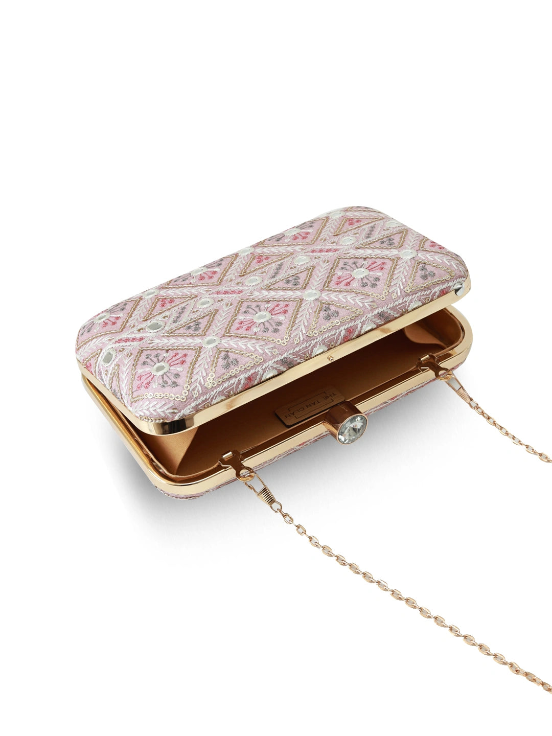 Pink box clutch bag by The Tan Clan with a sleek, structured design and elegant finish.