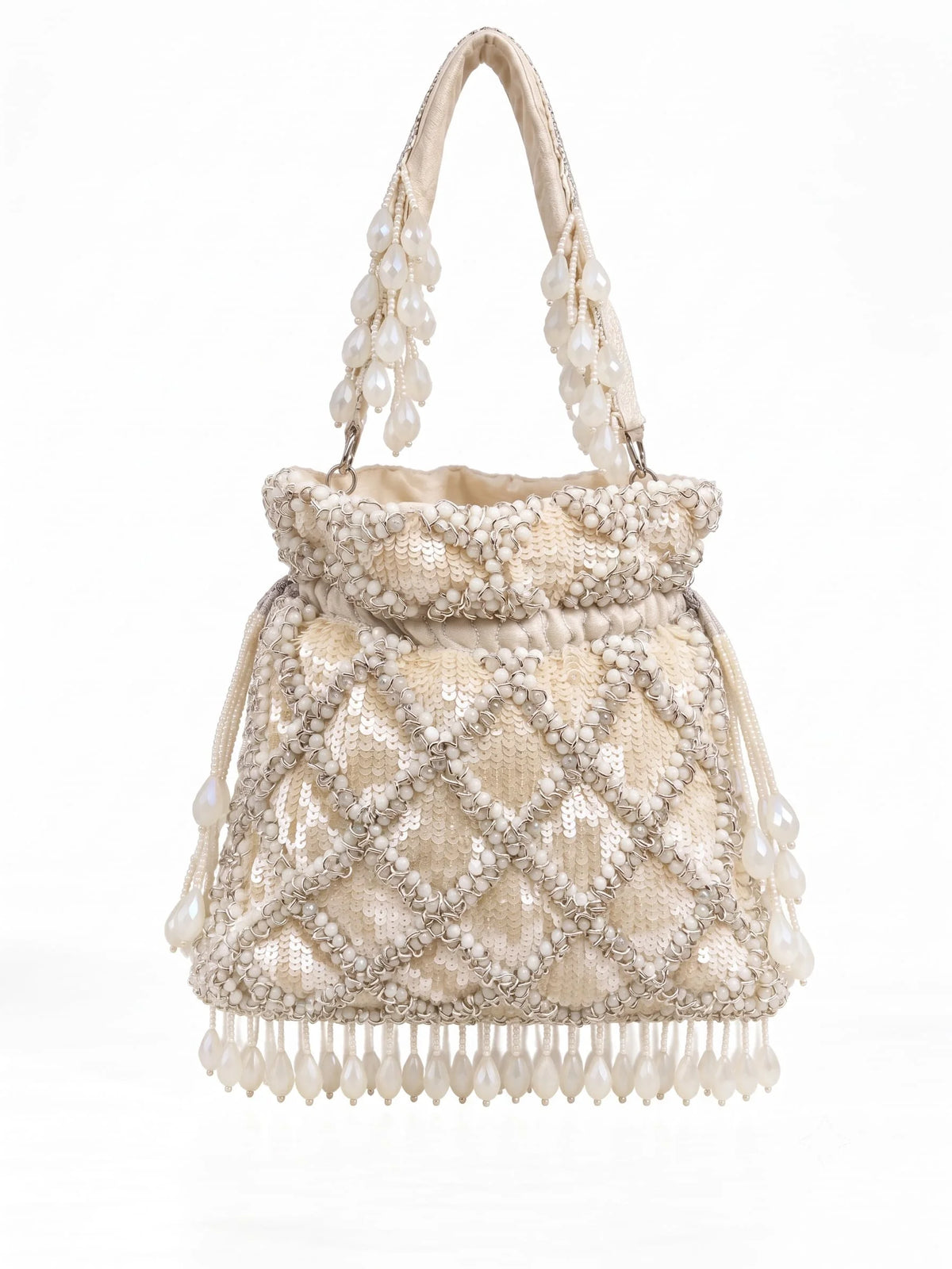 Rooh White Sequined Tasselled Potli bag by THE TAN CLAN with intricate sequined design and hanging tassels for traditional occasions.