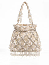 Rooh White Sequined Tasselled Potli bag by THE TAN CLAN with intricate sequined design and hanging tassels for traditional occasions.