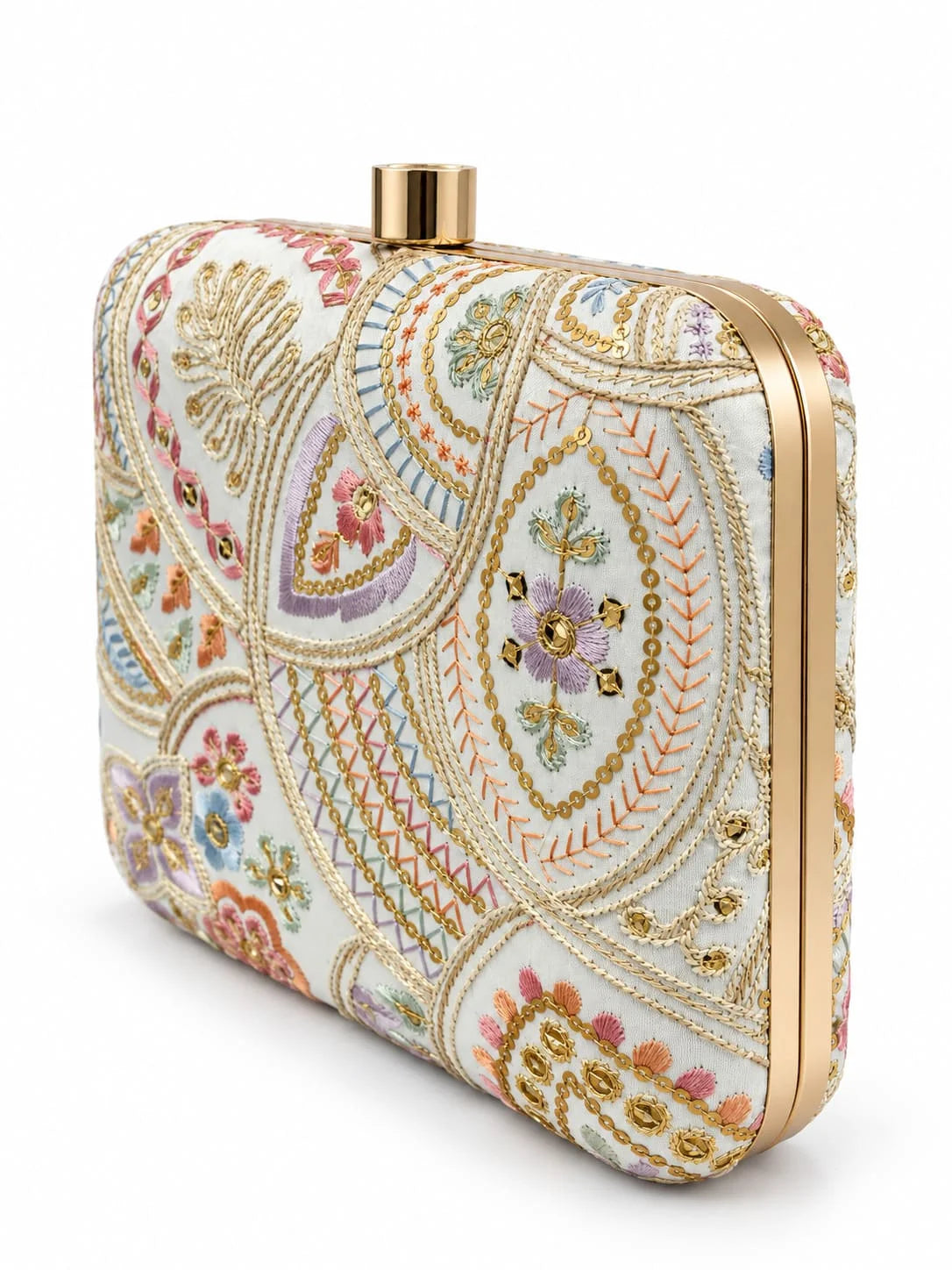 Resham square embroidered clutch bag with intricate design, featuring vibrant threadwork and a sleek, compact shape from THE TAN CLAN.