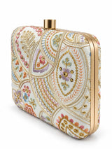 Resham square embroidered clutch bag with intricate design, featuring vibrant threadwork and a sleek, compact shape from THE TAN CLAN.