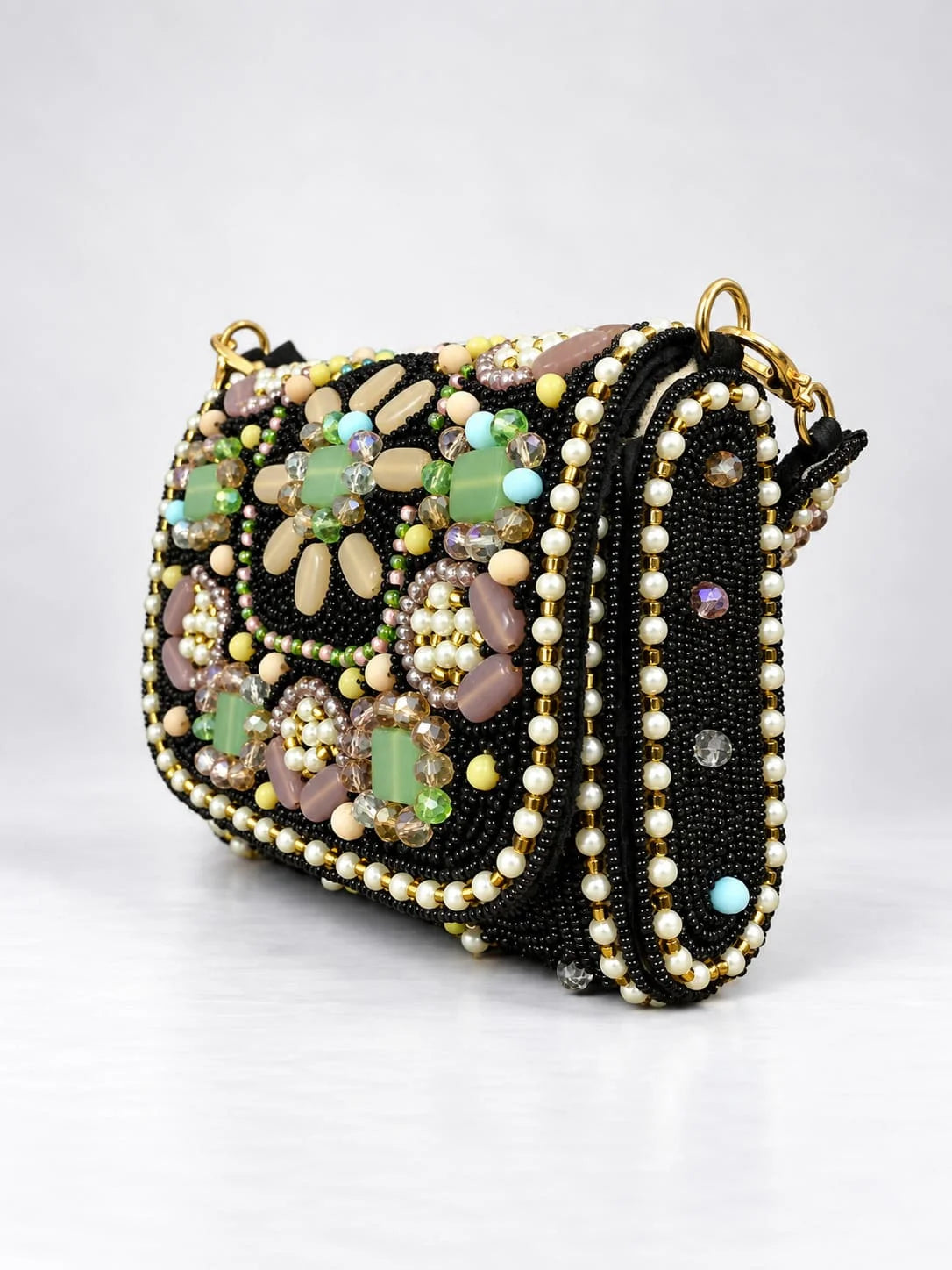 Basra Black Hand Embroidered Mini Flap by THE TAN CLAN, featuring intricate embroidery and compact design for stylish carry.