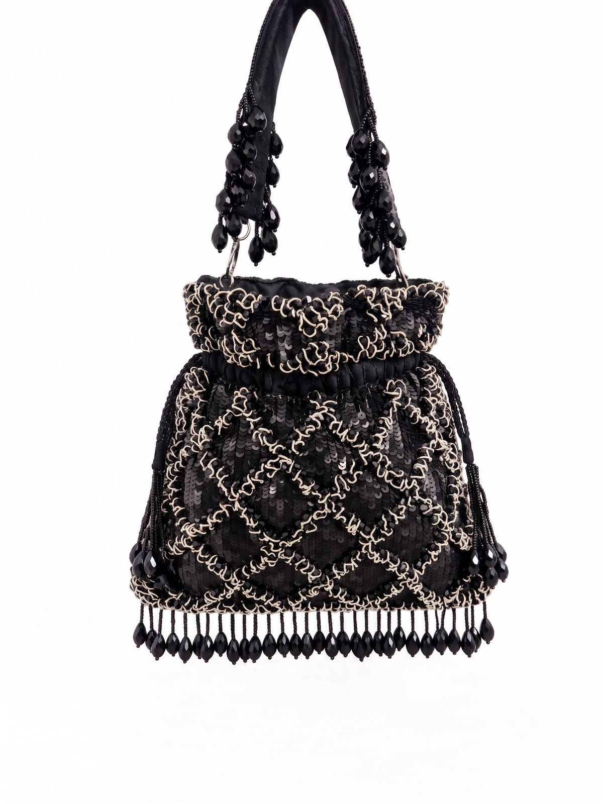 Black sequined tasselled potli bag by THE TAN CLAN with intricate beadwork and hanging tassels.