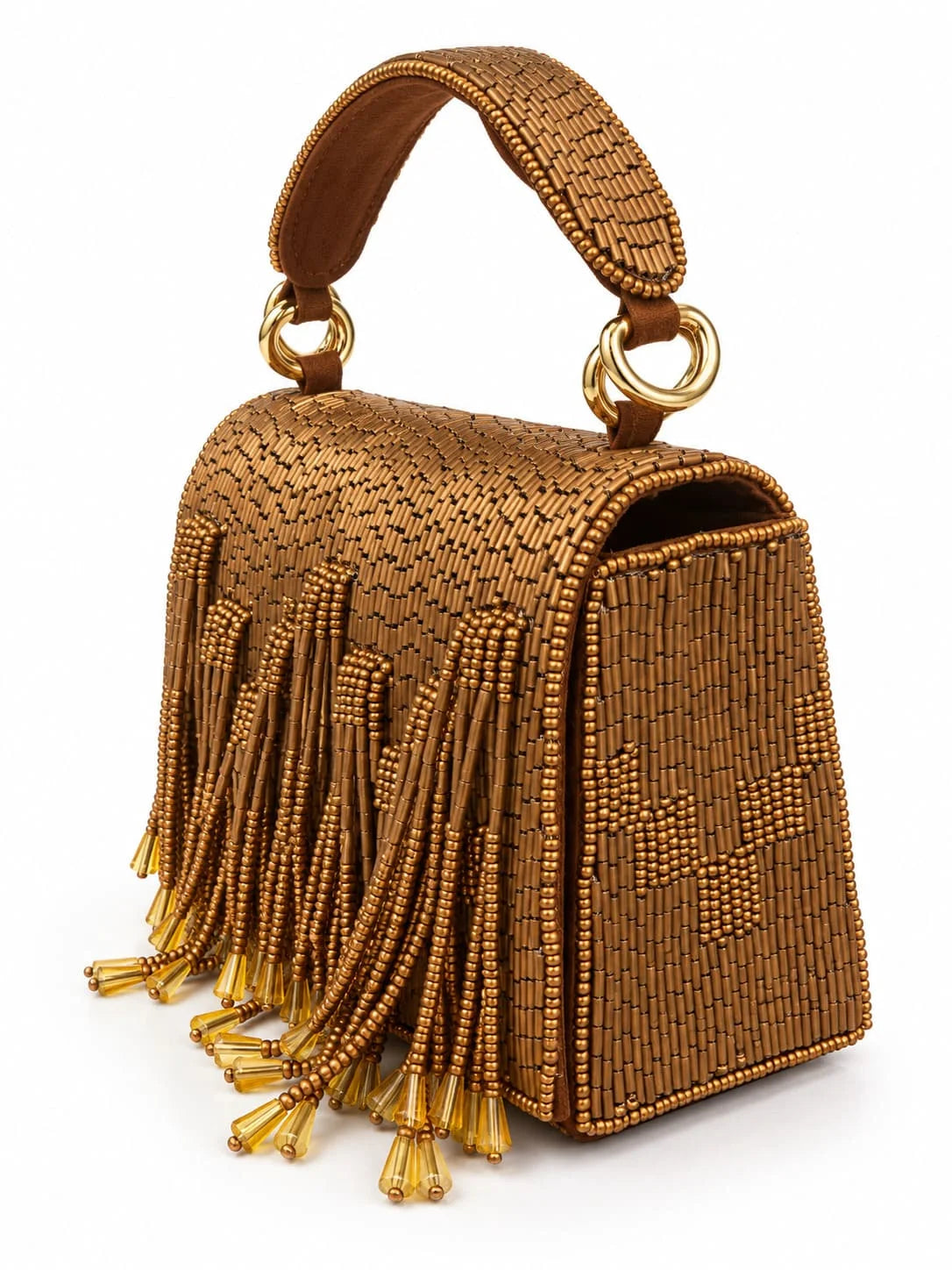 Maria Bronze handcrafted beaded tasselled bag by THE TAN CLAN with intricate beadwork and a decorative tassel design.