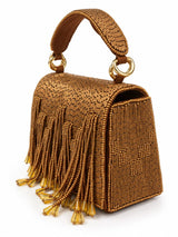 Maria Bronze handcrafted beaded tasselled bag by THE TAN CLAN with intricate beadwork and a decorative tassel design.