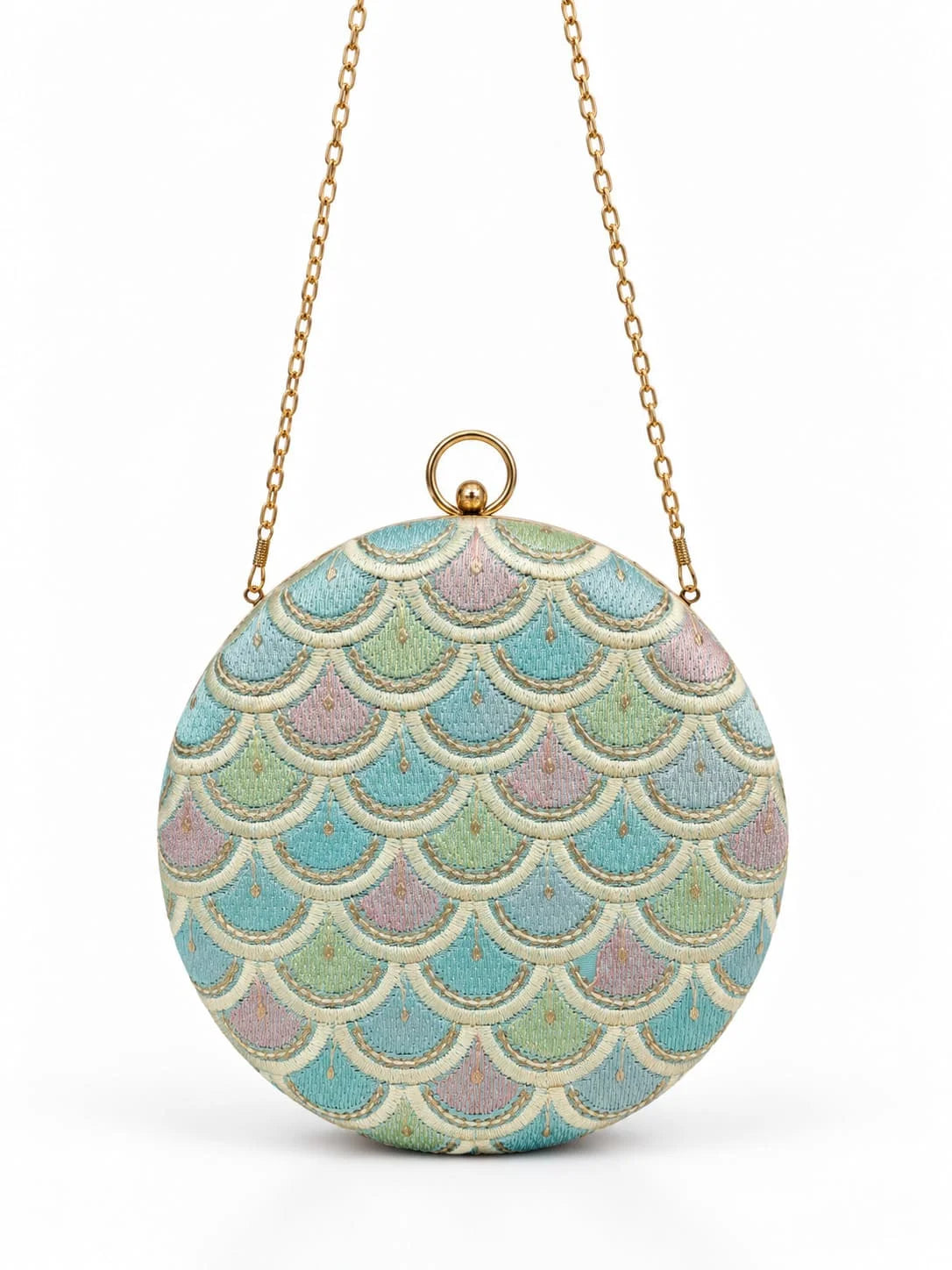 Veda Round Embroidered Clutch by THE TAN CLAN featuring intricate embroidery and a circular shape, stylish and compact accessory.
