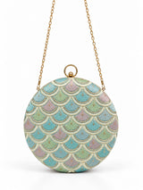 Veda Round Embroidered Clutch by THE TAN CLAN featuring intricate embroidery and a circular shape, stylish and compact accessory.