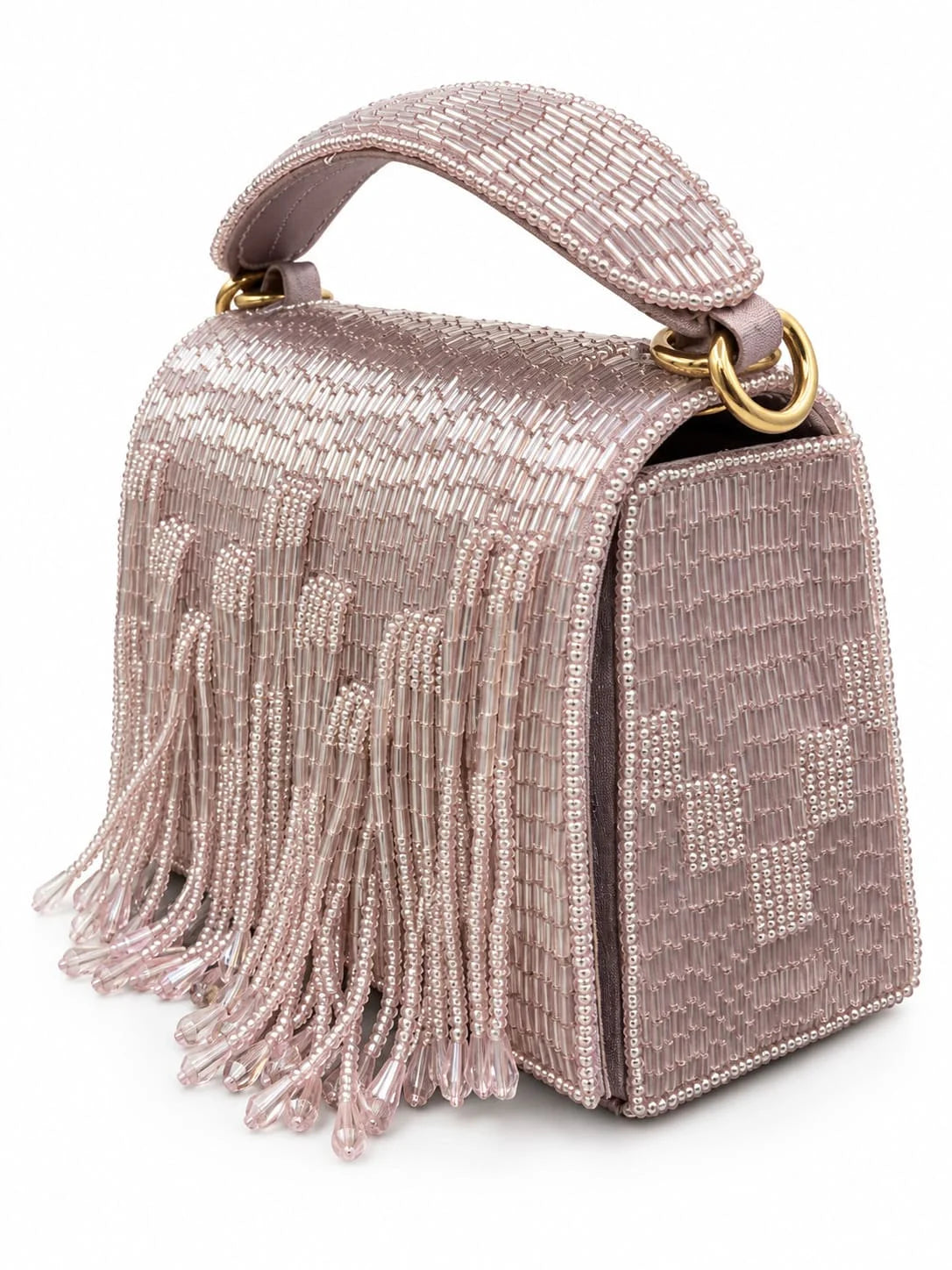 Maria Lilac handcrafted beaded tasselled bag by THE TAN CLAN, featuring intricate beadwork and a stylish tasseled design.