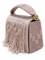 Maria Lilac handcrafted beaded tasselled bag by THE TAN CLAN, featuring intricate beadwork and a stylish tasseled design.