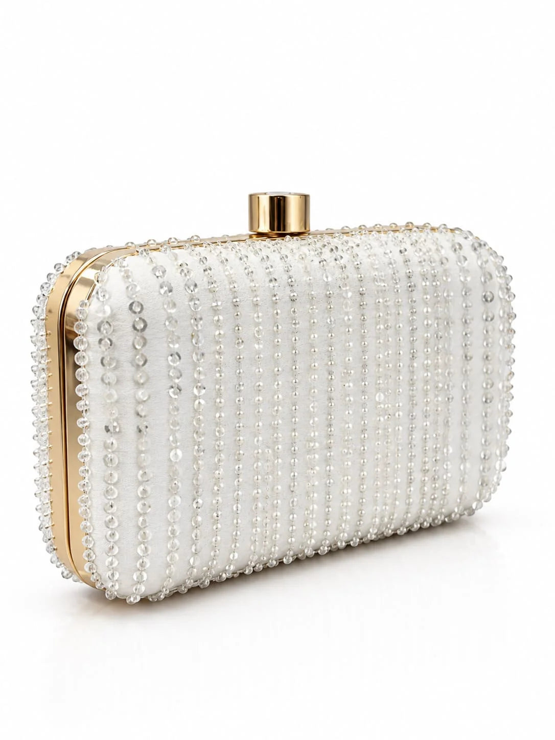Silver embroidered box clutch by THE TAN CLAN with intricate detailing and a sleek, compact design for elegant occasions.