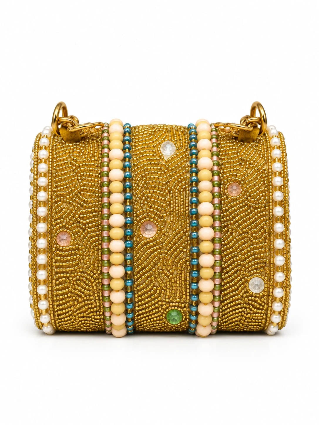 Gold hand-embroidered mini flap bag from THE TAN CLAN with intricate detailing and a compact design.