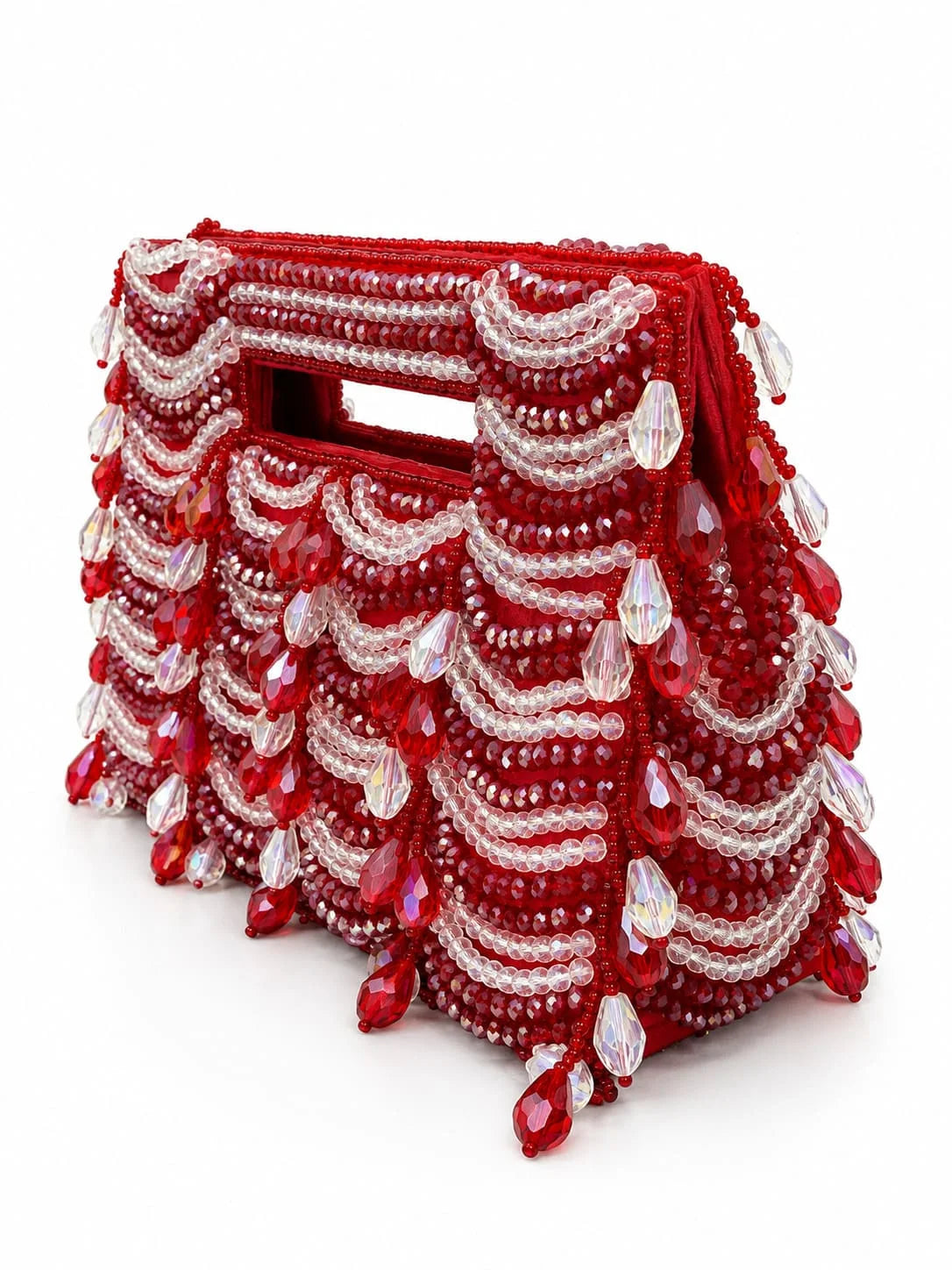 Lara red handcrafted beaded bag with intricate beadwork, featuring a compact design and a wrist strap, by THE TAN CLAN.
