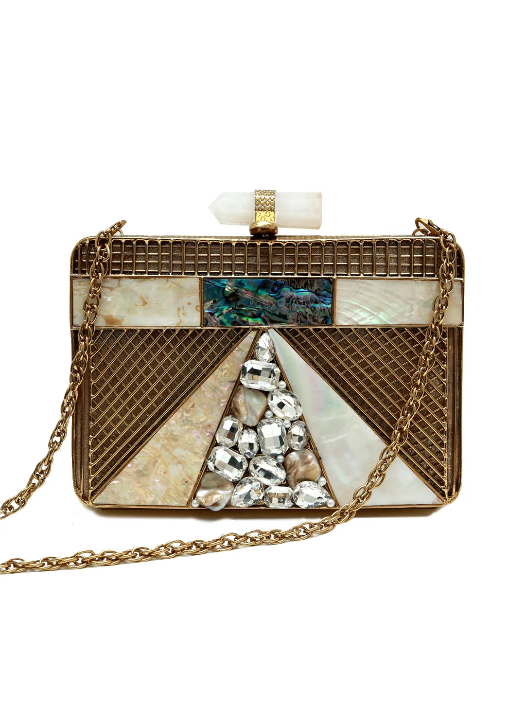 Decorative handbag with geometric design and gemstone accents on a white background