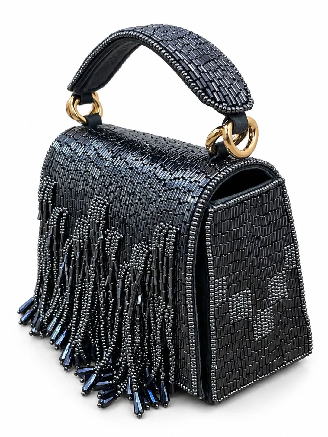 Maria Blue handcrafted beaded tasselled bag by THE TAN CLAN with intricate beadwork and a tassel detail.
