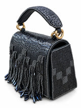 Maria Blue handcrafted beaded tasselled bag by THE TAN CLAN with intricate beadwork and a tassel detail.