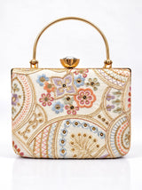 Resham embroidered clutch bag with intricate design, featuring a gold-toned clasp and elegant craftsmanship by THE TAN CLAN.